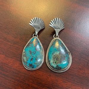 Native Am. 2” Turquoise post-dangle earrings stamped Marcella James